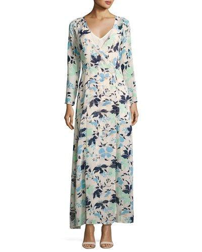 Long-sleeve Floral-print Maxi Wrap Dress, White Pattern