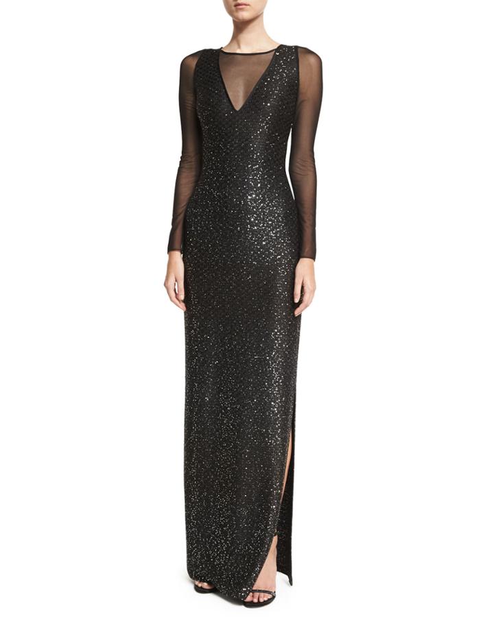 Sequined Knit Long-sleeve Gown, Black