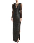 Sequined Knit Long-sleeve Gown, Black