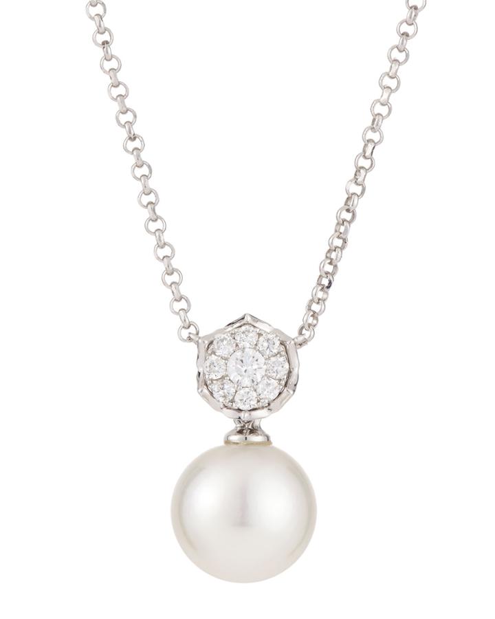18k Diamond Flower & South Sea Pearl Pendant Necklace