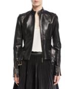 Zip-front Belted Leather Peplum Jacket With