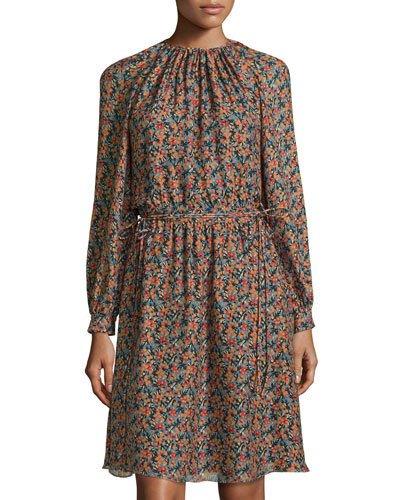 Long-sleeve Tie-waist Silk Dress, Turquoise