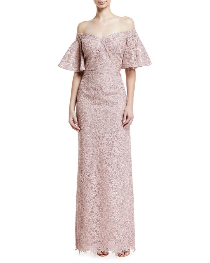 Lace Off-the-shoulder Flutter-sleeve Gown