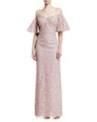 Lace Off-the-shoulder Flutter-sleeve Gown