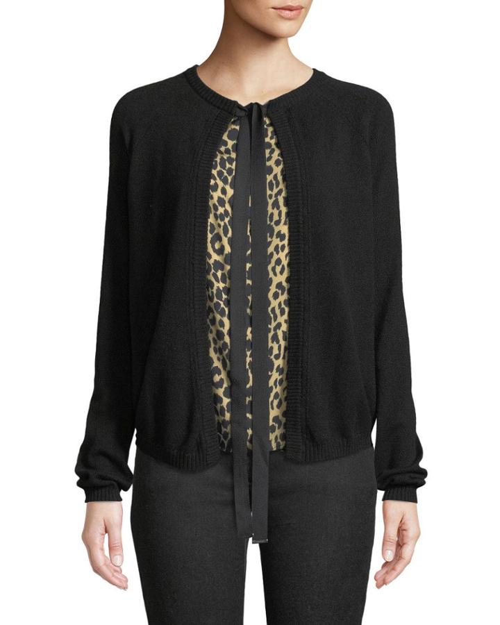 Tie-front Wool-cashmere Cardigan W/ Animal-print Faux Top