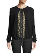 Tie-front Wool-cashmere Cardigan W/ Animal-print Faux Top