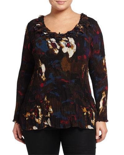 Long-sleeve Floral-print Blouse, Olive/multi, Women's