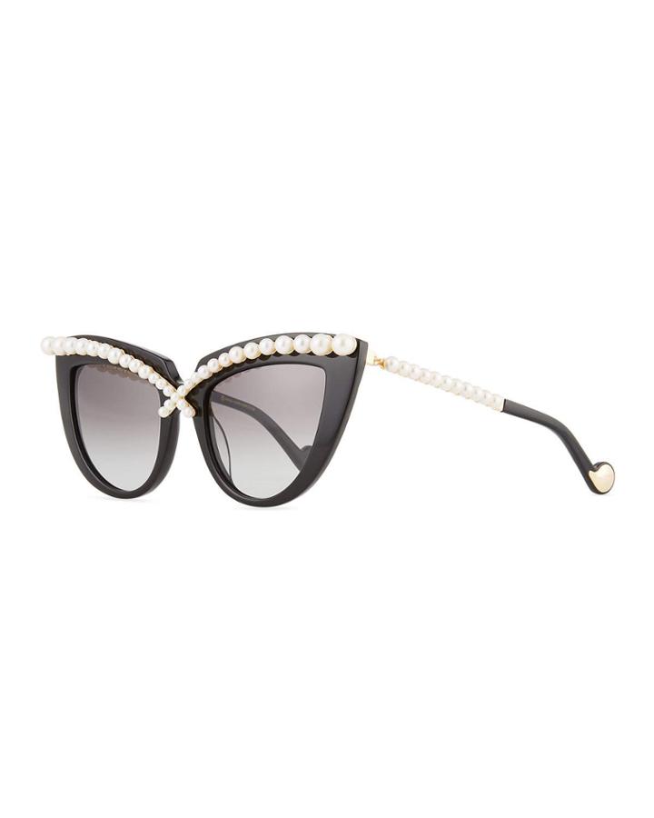 Pearl-studded Cat-eye Sunglasses, Black