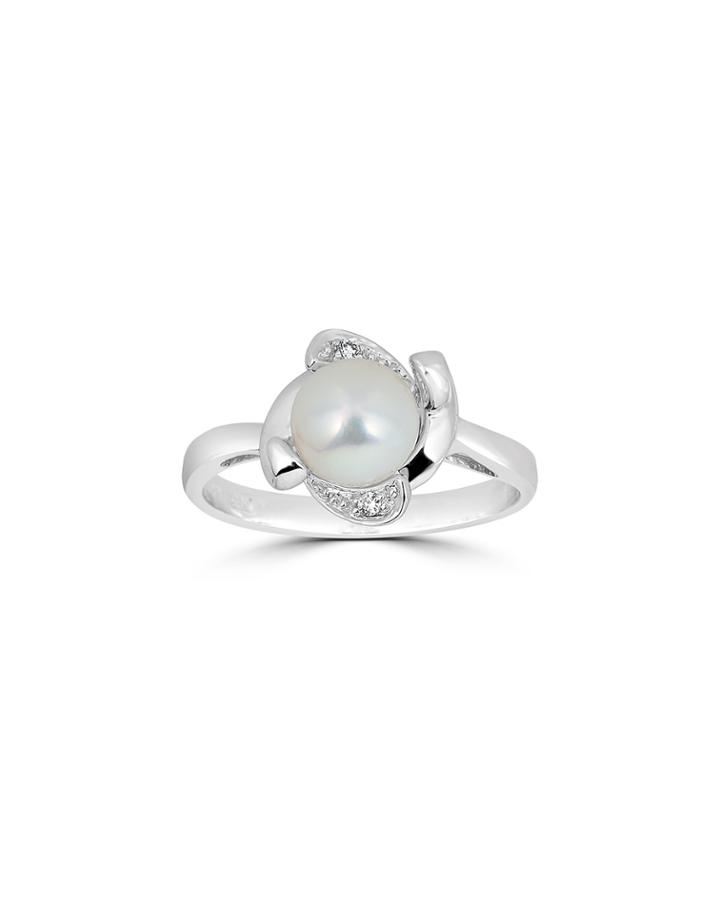 14k White Gold Floral-set Pearl And Diamond Ring, White