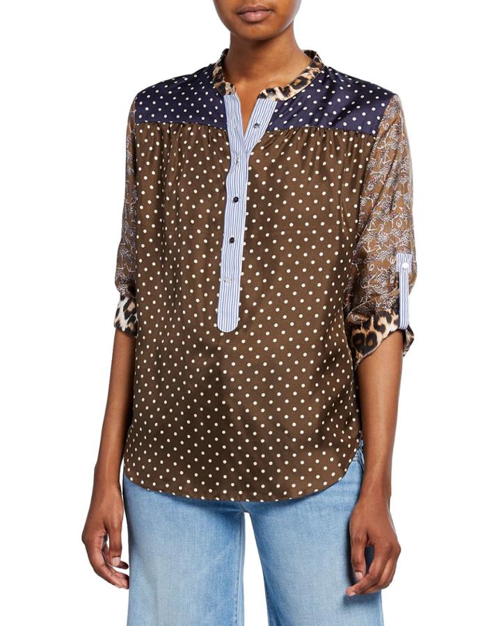 Romee Dot Long-sleeve Silk Tunic With Mandarin Collar