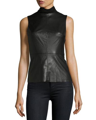 Faux-leather Sleeveless Turtleneck Top, Black