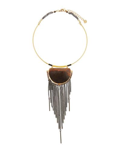 Statement Choker Necklace W/ Jasper Pendant & Chain Fringe