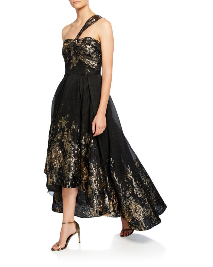 Draped One-shoulder High-low Metallic Fil Coupe Gown