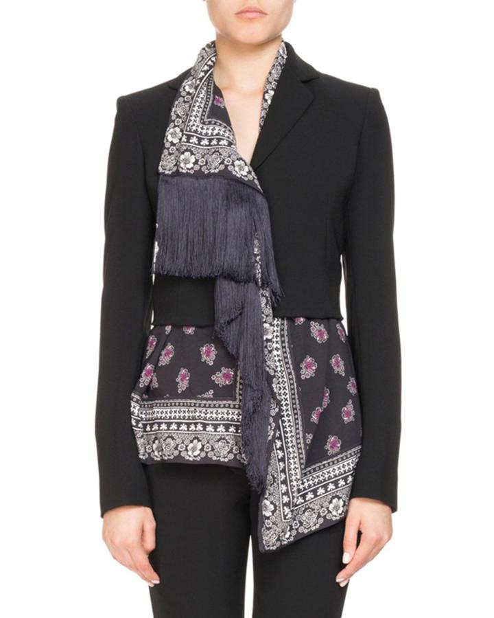 Mixed-media Crepe Bandana-print Jacket W/ Fringe