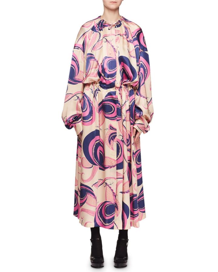Toggle-neck Long-sleeve Floral-print Coat Dress