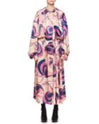 Toggle-neck Long-sleeve Floral-print Coat Dress