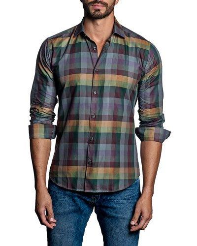 Large-check Sport Shirt, Green Pattern