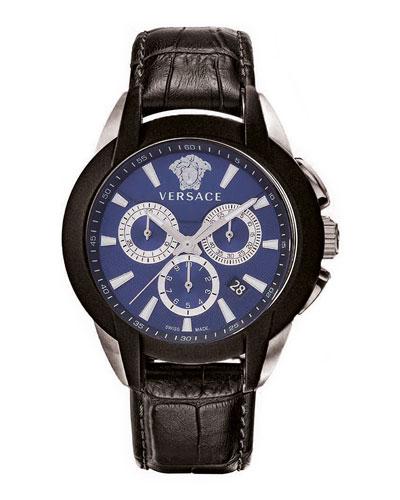 42.5mm Men's Character Chronograph Watch W/ Leather Strap, Black/blue