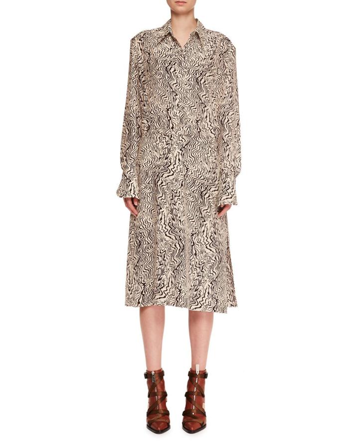 Long-sleeve Button-down Wave-print Silk Crepe