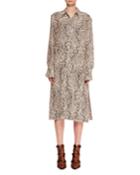 Long-sleeve Button-down Wave-print Silk Crepe