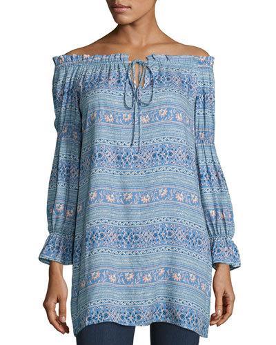 Perched Bird Off-the-shoulder Dress, Blue