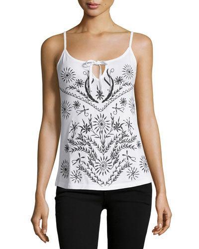 Embroidered Tie-front Tank, White/onyx