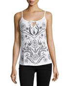 Embroidered Tie-front Tank, White/onyx