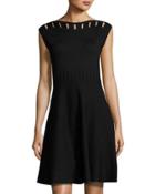 Cap-sleeve Cutout-yoke Flare Dress, Black