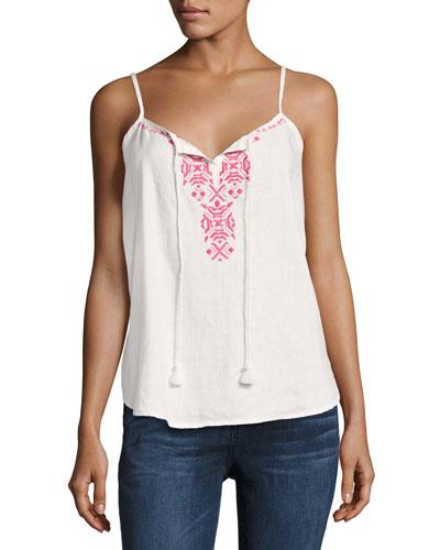 Ava Embroidered-yoke Linen Tank, White