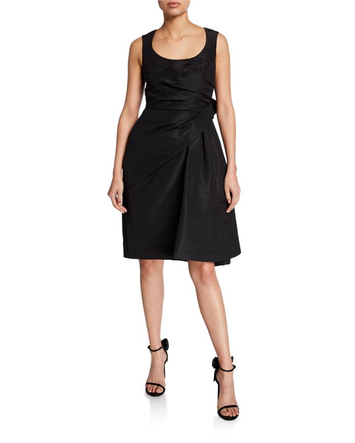 Scoop-neck Sleeveless Shirred Cocktail Dress W/ Bow Detail
