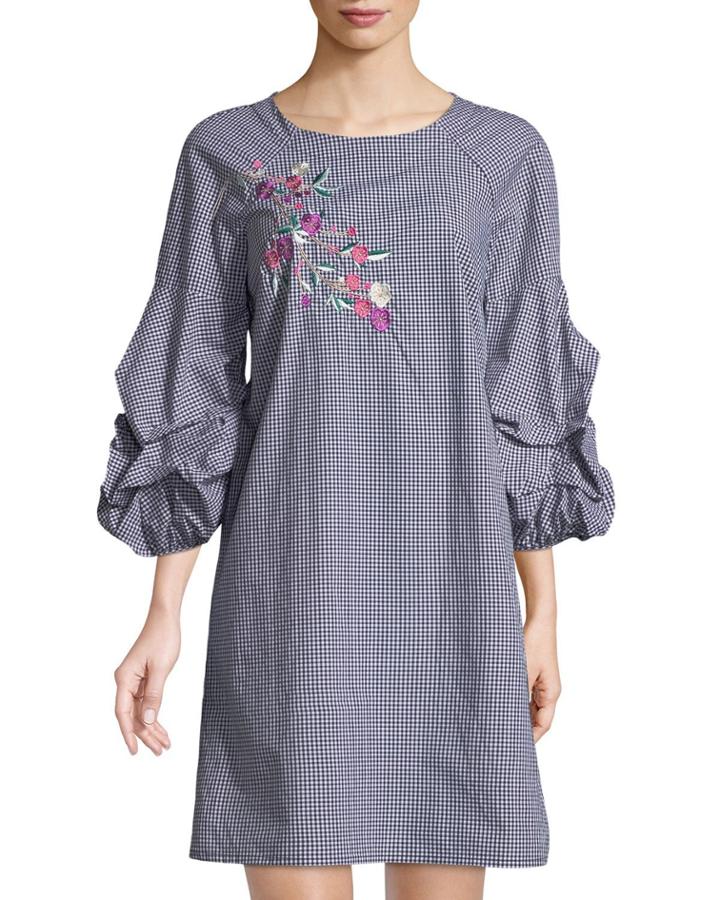 Off-the-shoulder Embroidered Gingham Dress