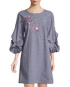 Off-the-shoulder Embroidered Gingham Dress