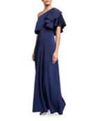 Stretch Faille One-shoulder Gown