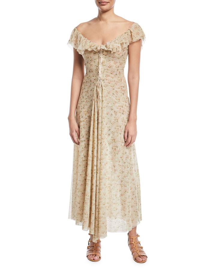 Dora Off-the-shoulder Mini-floral Lace-up