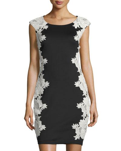 Floral Lace Applique Sheath Dress, Black/cream