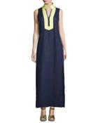Classic Linen Sleeveless Maxi Dress, Navy/limelight