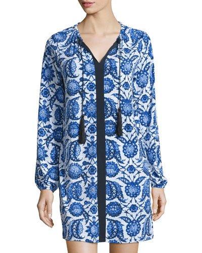 Printed Long-sleeve Dress W/tassels,