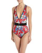 Floral V-neck One-piece Swimsuit With Belt
