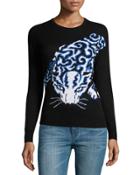 Panther-graphic Pullover Sweater, Black/white/blue