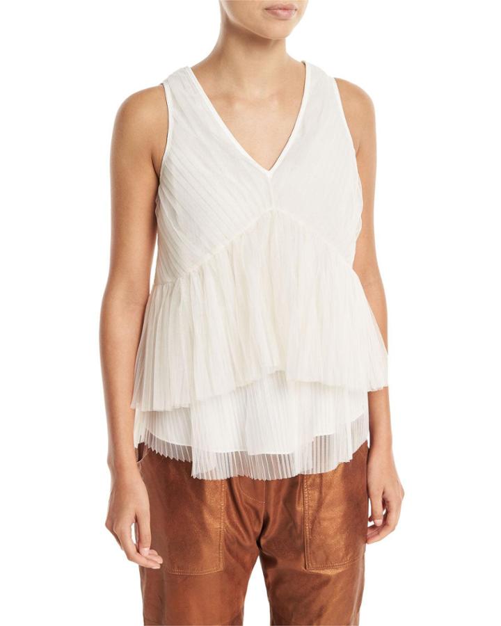 Tulle Pleated Sleeveless V-neck Top
