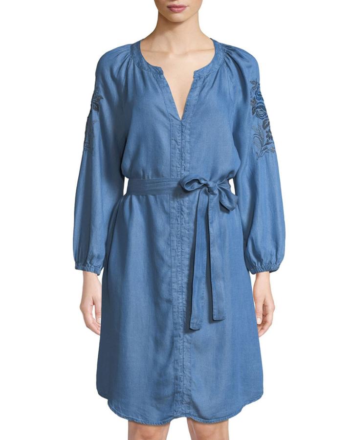 Embroidered Denim Peasant Dress