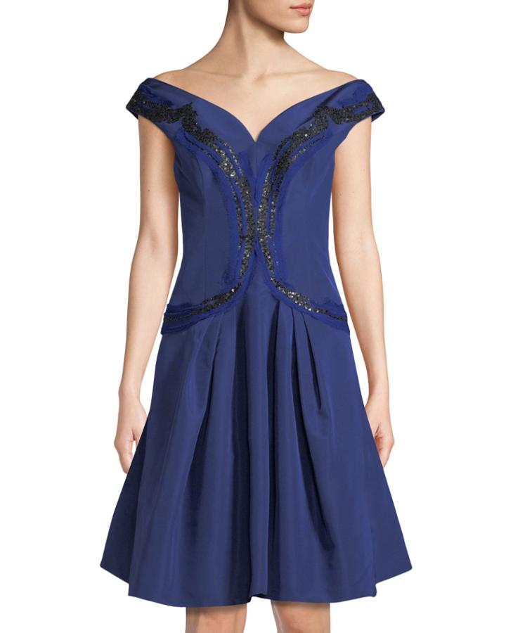 Embroidered Silk Faille Fit-&-flare Cocktail Dress