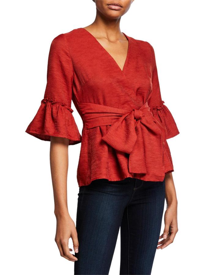 Bell-sleeve Peplum Tie-front Wrap Blouse