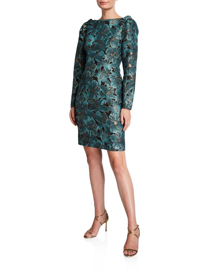 Floral Jacquard High-neck Ruffle-shoulder Long-sleeve Dress