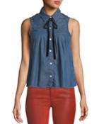 Sleeveless Button-front Pintuck Tie-neck Chambray
