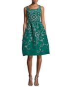 Embroidered Floral Scroll Full-skirt Party Dress, Green