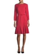 Belted Stretch-wool Flounce Dress, Red