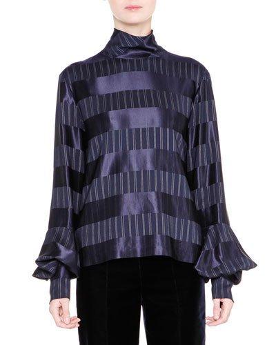 Striped Mock-neck Bell-sleeve Top, Navy