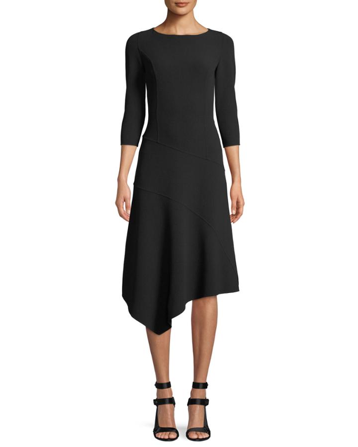 3/4-sleeve Stretch-wool Crepe Asymmetrical Dress