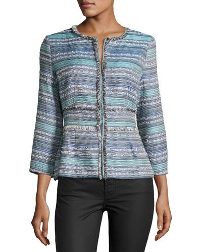 Textured Fringe-trim Jacket, Blue Pattern